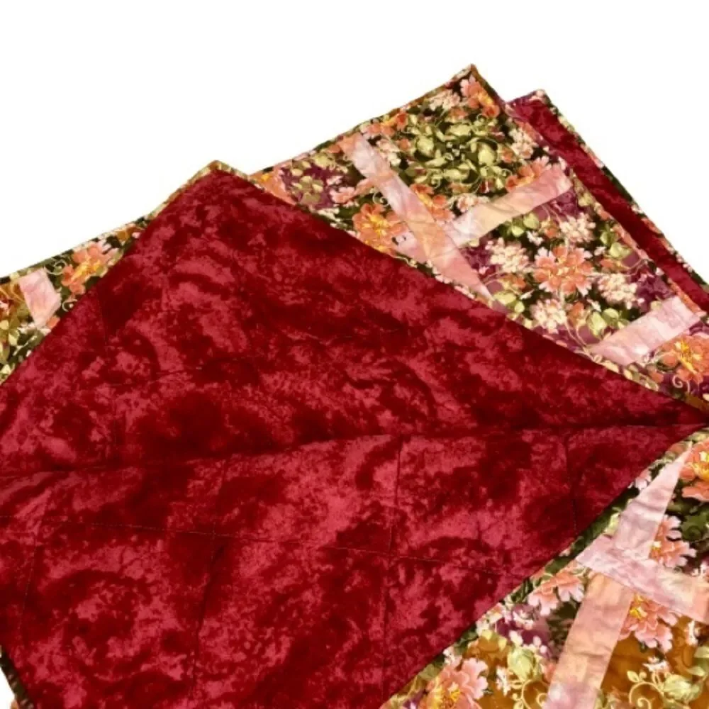 Handmade NWT floral lap quilt pink, burgundy and green size 52” X 41”